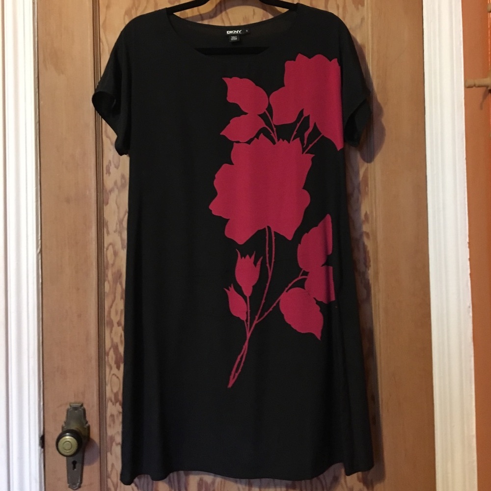 Black silk dress with large floral print